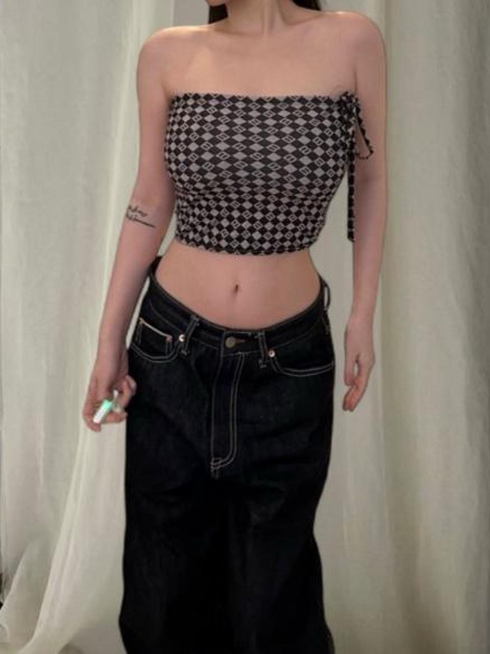 Source Unknown Brown & Grey Checkered Ruched Tube Top